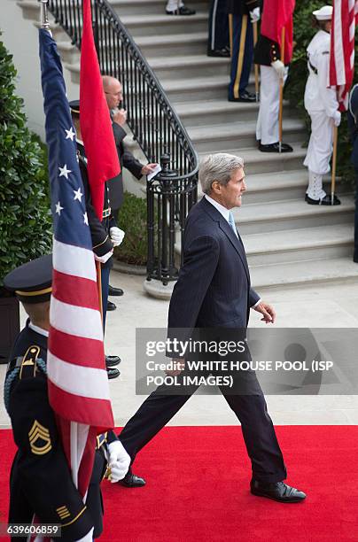 United States Secretary of State John Kerry arrives at an official State Visit of China on the South Lawn of the White House in Washington, DC on...