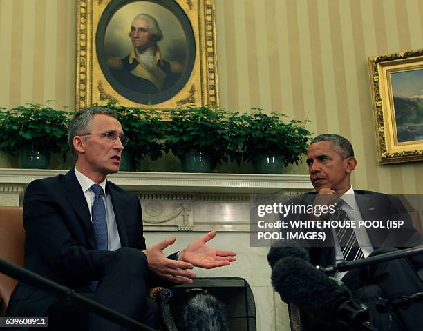 President Barack Obama meets with NATO Secretary-General Stoltenberg in the Oval Office of the White House on May 26,2015 ISP pool photo by Dennis...