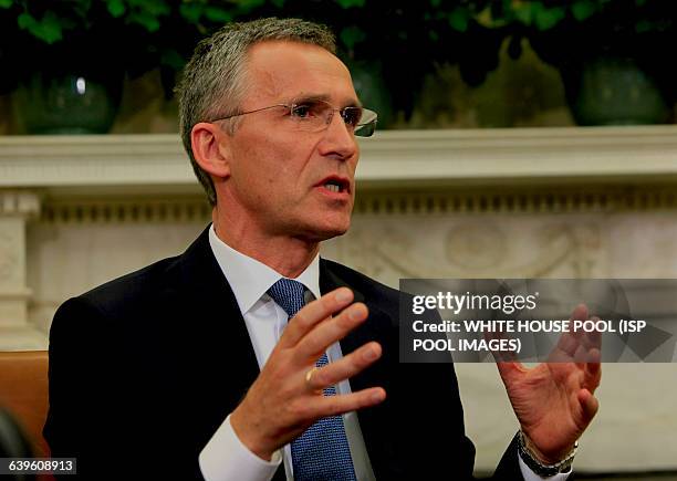 President Barack Obama meets with NATO Secretary-General Stoltenberg in the Oval Office of the White House on May 26,2015 ISP pool photo by Dennis...