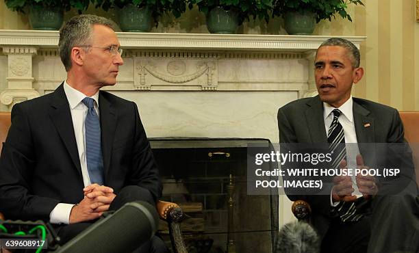 President Barack Obama meets with NATO Secretary-General Stoltenberg in the Oval Office of the White House on May 26,2015 ISP pool photo by Dennis...