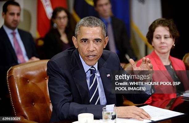 President Barack Obama meets with the Council of the Great City Schools Leadership in the Roosevelt Room of the White House March 16, 2015 in...