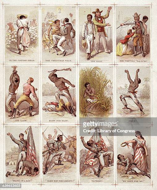 Uncut sheet of twelve illustrated chromolithographic cards presenting the life of an African American slave as he moves from work planatation, to...