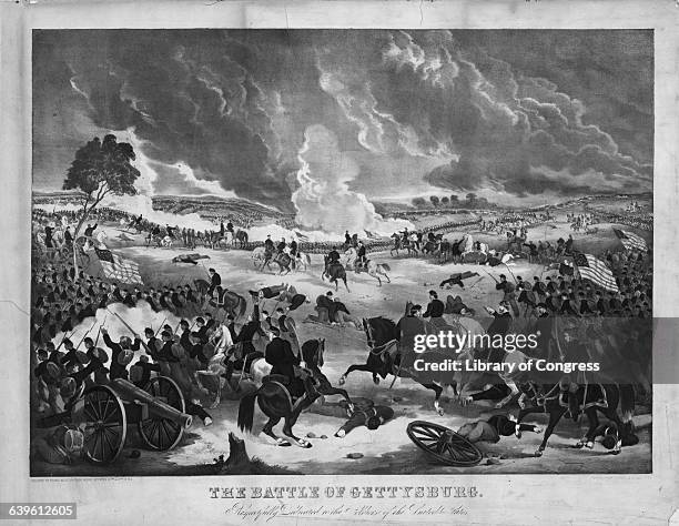 Print showing Union troops advancing during the battle of Gettysburg.