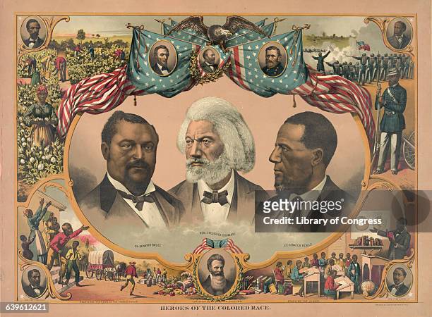 Chromolithographic print entitled Heroes of the Colored Race including portraits of Blanche Kelso Bruce, Frederick Douglass, Hiram Rhoades Revels,...