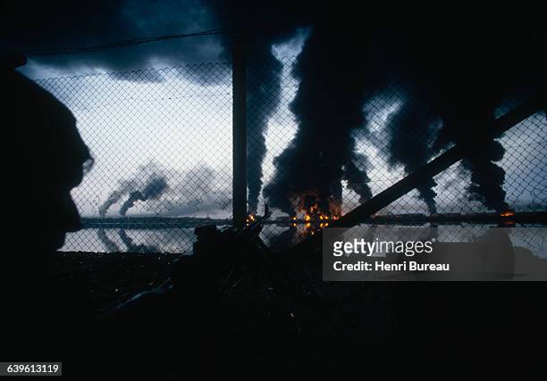 Iranian oil refinery on fire during the war between Iran and Iraq.