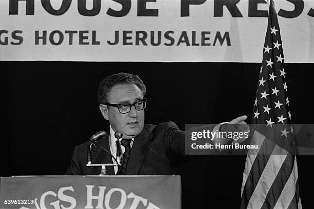 Henry Kissinger, the American Secretary of State, attends a press conference at the Kings Hotel in Jerusalem, during a trip with President Nixon to...