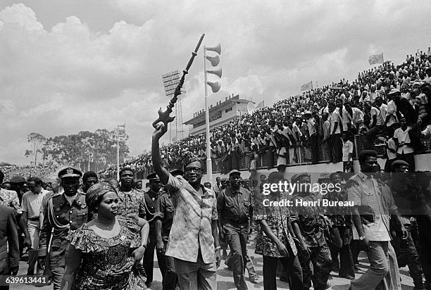 Zairian President Mobutu at Kinshasa Stadium presents to a crowd of 60,000 citizens of Zaire the first wounded revolutionist prisoners captured by...