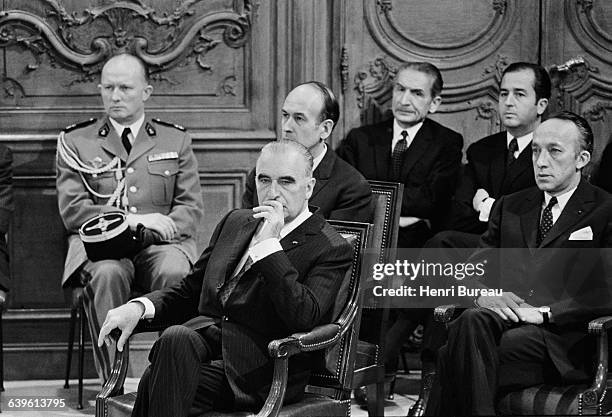 French President Georges Pompidou, Minister of Economy and Finance Valery Giscard d'Estaing and Under Secretary General Edouard Balladur at the...
