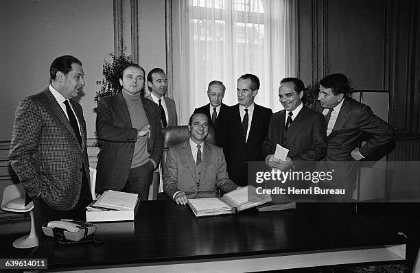 French politician Jacques Chirac in his office a the Rue de Tilsitt with his campaign officers during the presidential elections of 1981. Charles...