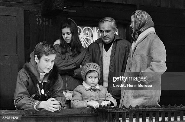 Prince Albert, Princess Caroline, Princess Stephanie, Prince Rainier and Princess Grace during a vacation at the ski resort of Gstaad in Switzerland.