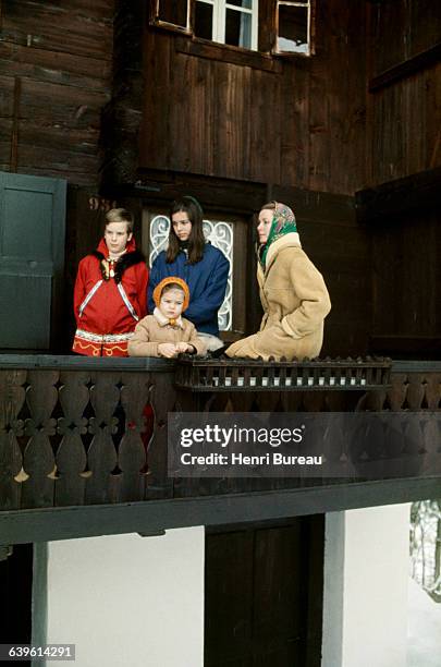 Princess Grace of Monaco and her children, Prince Albert , Princess Stephanie and Princess Caroline , on a ski trip.