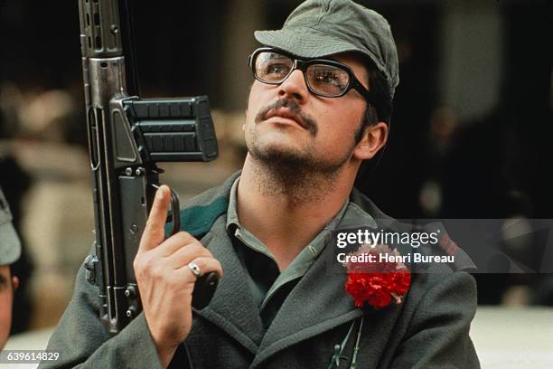 Movimento das Forcas Armadas soldiers take position in the streets of Lisbon three days after the April 25 coup d'etat, which overthrew the Salazar...