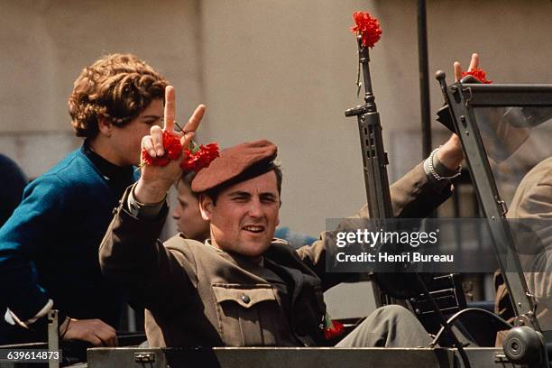 Movimento das Forcas Armadas soldiers take position in the streets of Lisbon three days after the April 25 coup d'etat, which overthrew the Salazar...