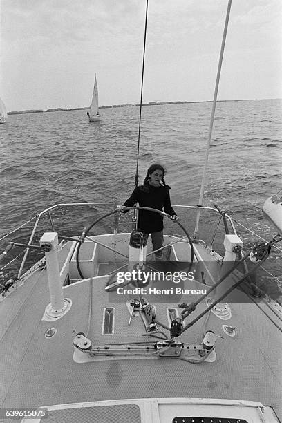 French sailor Florence Arthaud during preparations for the Double Transat boat race, abord the boat Biotherm at the Port Camargue. | Location: Port...