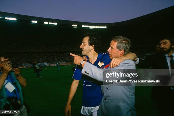 Michel Platini with France's coach Michel Hidalgo after the 1984 UEFA Euro final. Led by Michel Platini, France won the Championship beating Spain in...