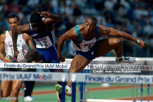 Colin Jackson from Great Britain during the men's 110m hurdles during the Grand Prix Final.