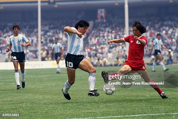 Diego Maradona from Argentina during a first round match of the 1986 FIFA World Cup against South Korea.