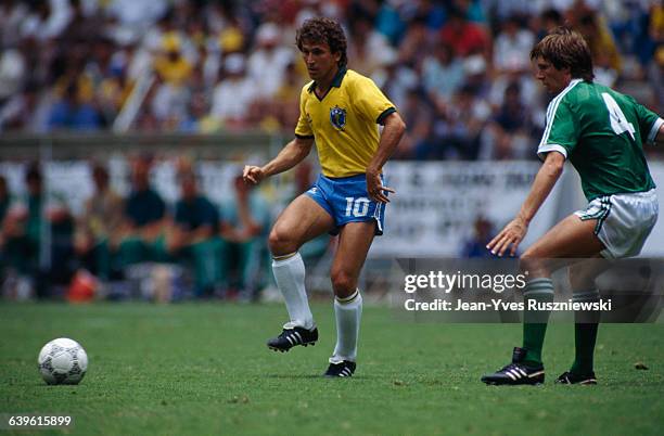 Zico from Brazil during a first round match of the 1986 FIFA World Cup against Northern Ireland.