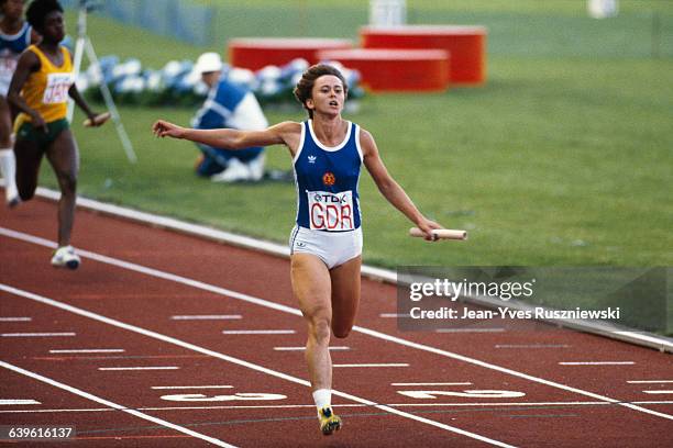 Marlies Gohr from East Germany wins the 4x100-meter relay of the first outdoor track and field World Championships.