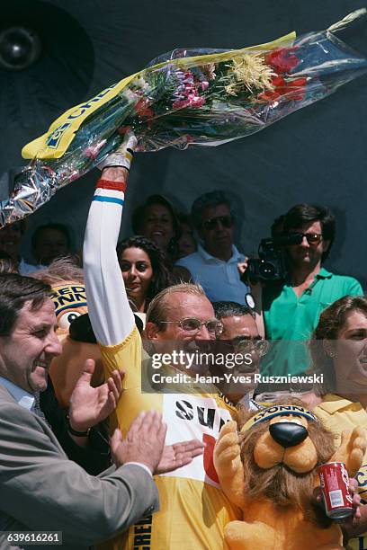 French road racing cyclist Laurent Fignon won the 18th stage . | Location: Alpes d'Huez, France.