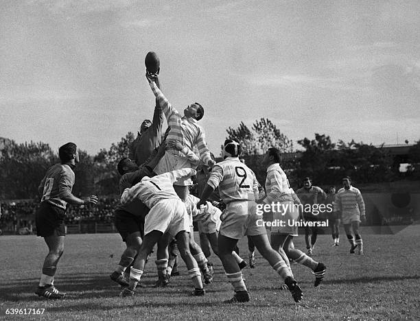 Yves du Manoir's challenge, Racing vs Narbonne. Fighting in a lineout: Walter Spanghero from Narbonne, Davidson of Racing.