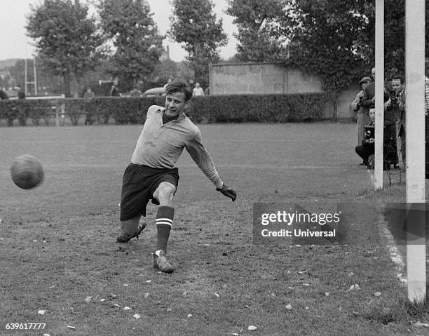 Training session of the famous Soviet goalkeeper Lev Yashin.