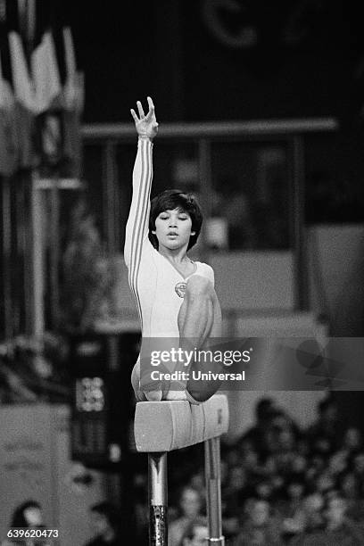 Soviet gymnast Nelli Kim on the beam during the 1978 World Championships.