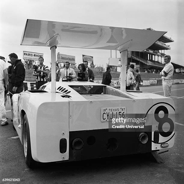 The famous Chaparral 2F car, with its movable wing, during the 1967 24 Hours of Le Mans.
