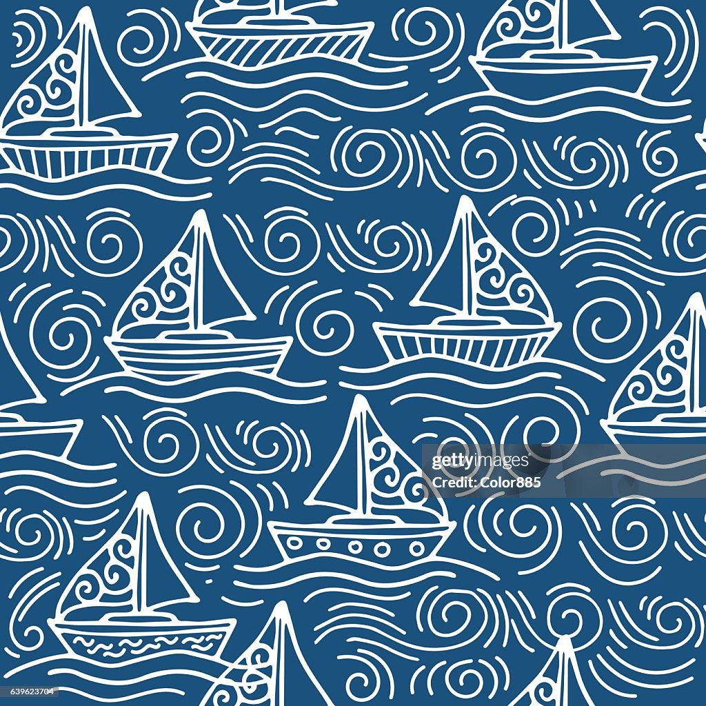 Vessels Pattern Inspiring Seamless Pattern With Ships And The Sea Waves High-Res Vector ...