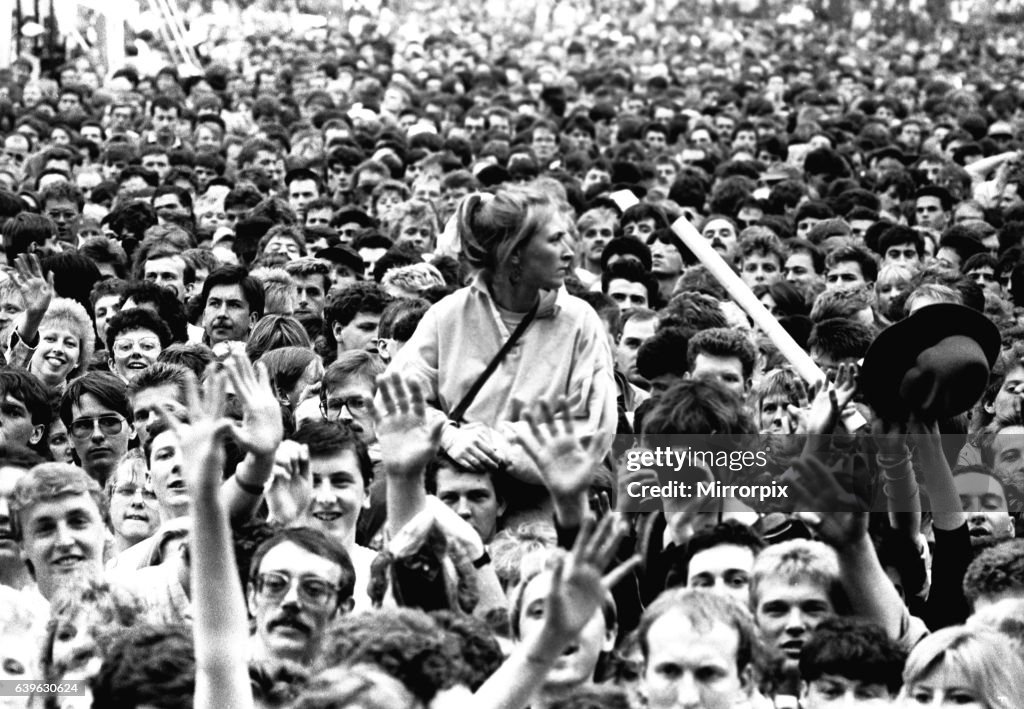 David Bowie performing at Roker Park, Sunderland on 23rd June 1987 in his Glass Spider Tour  Fans enjoying the concert