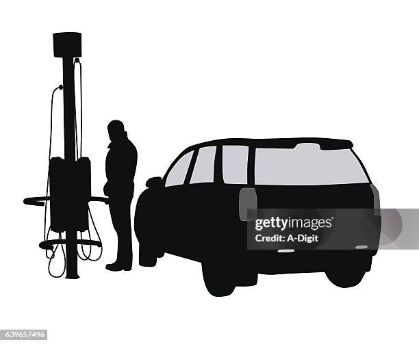 electric car charging station vector silhouette - car back view white background stock illustrations