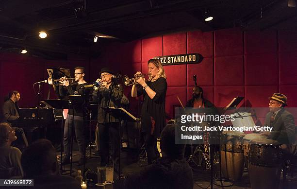 American Jazz musician Brian Lynch plays trumpet as he leads his band, the Madera Latino Project, at the Jazz Standard, New York, New York, January...