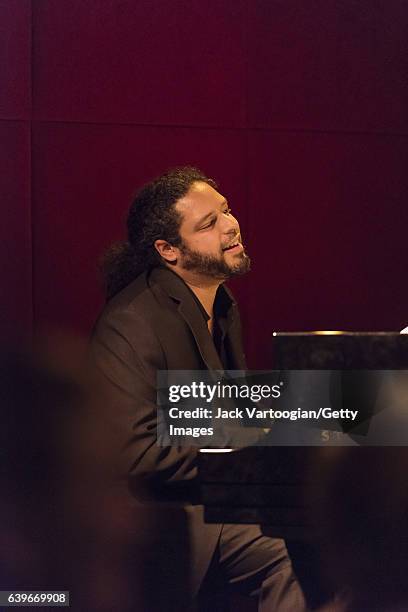 American Jazz musician Zaccai Curtis plays piano as he performs with the Madera Latino Project at the Jazz Standard, New York, New York, January 3,...