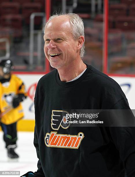 Mark Howe of the Philadelphia Flyers Alumni looks on during the morning skate prior to playing the Pittsburgh Penguins Alumni on January 14, 2017 at...