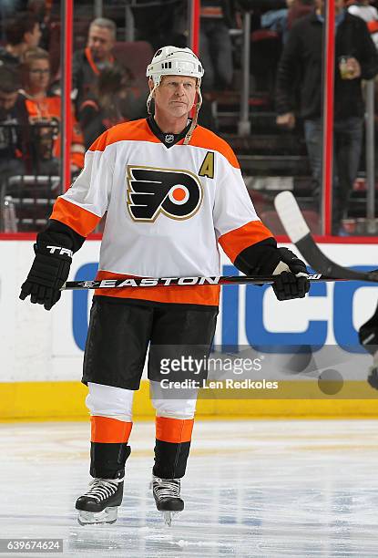Mark Howe of the Philadelphia Flyers Alumni looks on against the Pittsburgh Penguins Alumni on January 14, 2017 at the Wells Fargo Center in...