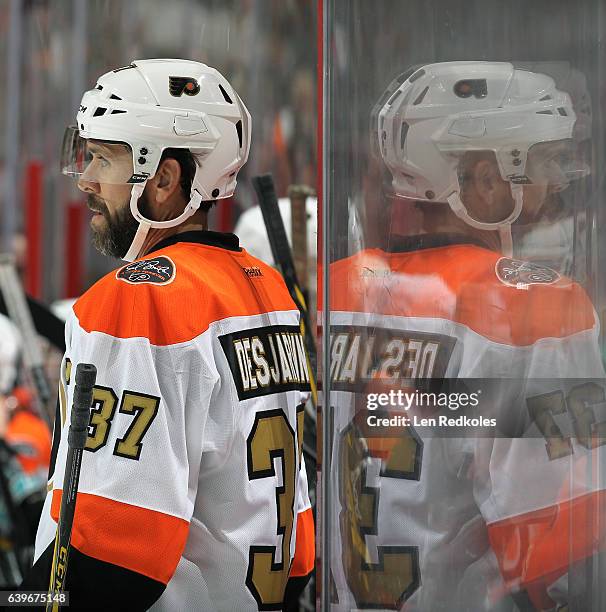 Eric Desjardins of the Philadelphia Flyers Alumni looks on against the Pittsburgh Penguins Alumni on January 14, 2017 at the Wells Fargo Center in...