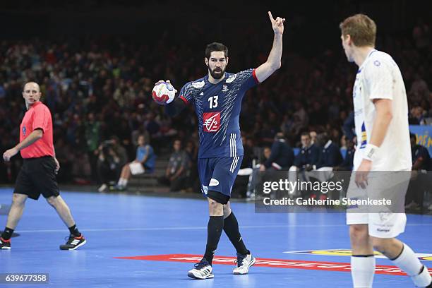 Nikola Karabatic of France is calling a play during the 25th IHF Men's World Championship 2017 Round of 16 match between France and Iceland at Stade...