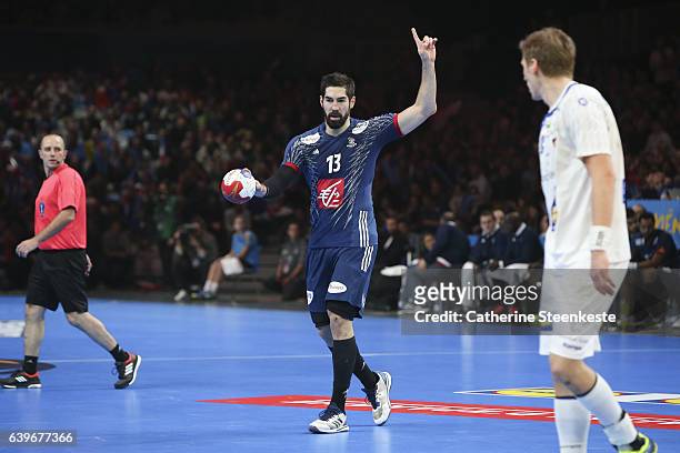 Nikola Karabatic of France is calling a play during the 25th IHF Men's World Championship 2017 Round of 16 match between France and Iceland at Stade...