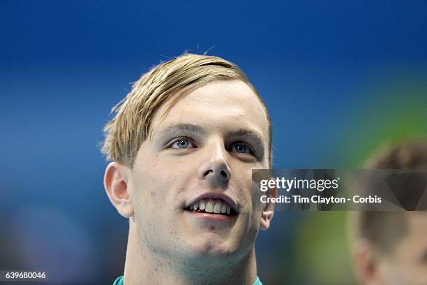 Day 5 Kyle Chalmers of Australia with his gold medal after winning the Men's 100m Freestyle Final during the swimming competition at the Olympic...