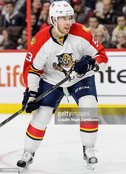 Corban Knight of the Florida Panthers plays in the game against the Ottawa Senators at Canadian Tire Centre on January 7, 2016 in Ottawa, Ontario,...