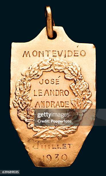 The reverse of the gold winner's medal for the inaugural FIFA World Cup awarded to Uruguay's Jose Leandro Andrade after their 4-2 win over Argentina...