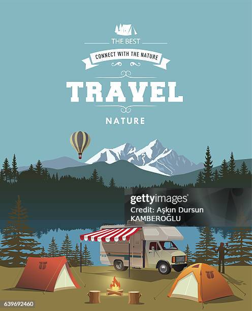 zeit für reisen - camping vector stock-grafiken, -clipart, -cartoons und -symbole