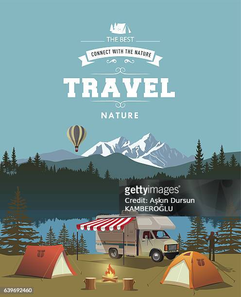 stockillustraties, clipart, cartoons en iconen met time to travel - camping