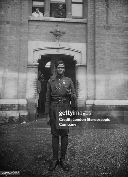 Soldier of a British colonial regiment at Chelsea Barracks in London, prior to Queen Victoria's Diamond Jubilee celebrations, June 1897.