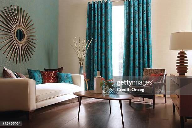 interior image of a contemporary living room - curtain stock pictures, royalty-free photos & images