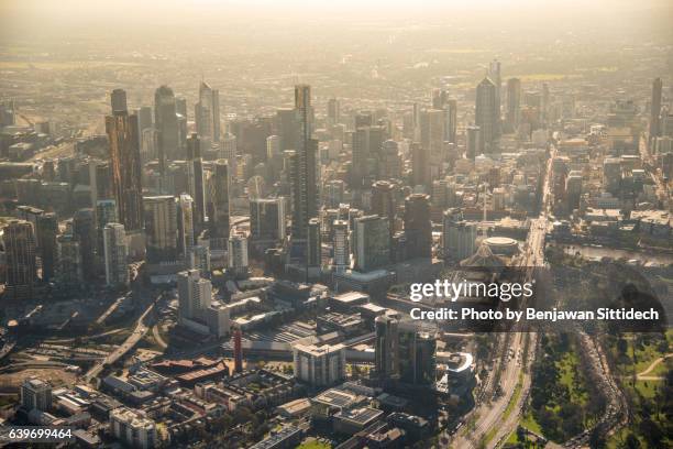 aerial view of melbourne city at dusk, australia - melbourne aerial view stockfoto's en -beelden