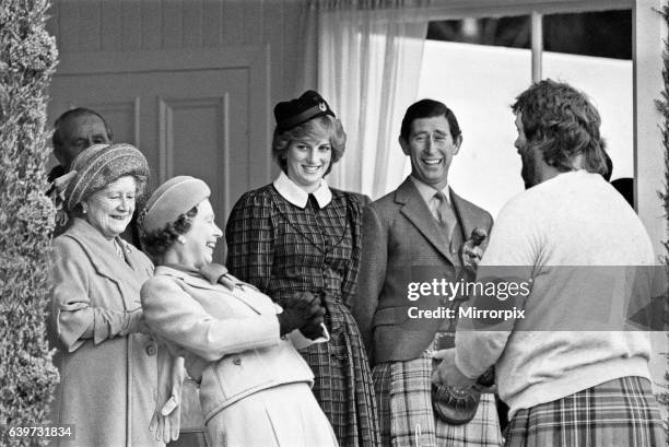 The Royal family share a joke with Geoff Capes as they attend the Braemar Highland Games in Scotland. Left to right are: The Queen Mother, Queen...