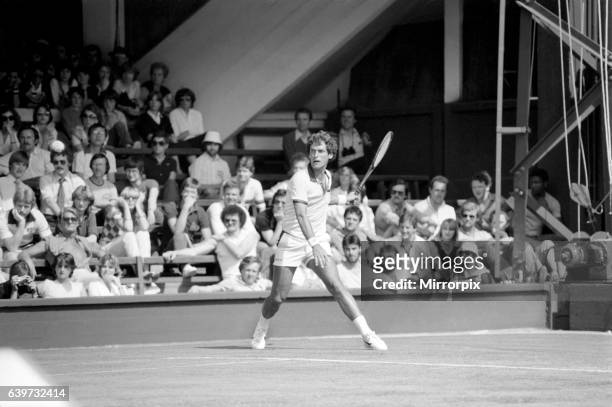 John McEnroe v Tom Gullikson, first round match at Wimbledon on Court Number One, Monday 22nd June 1981. John McEnroe was two flashpoints away from...