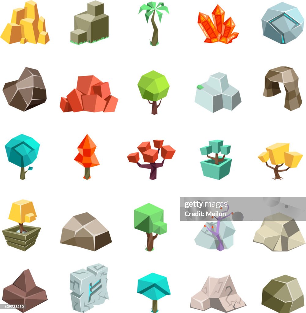 Cartoon Trees And Rocks Trees Rock Stone Boulder Cave Cristal Rune Cartoon Isometric 3d High ...