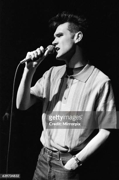 Morrissey, lead singer of Manchester group The Smiths, performing in concert . 12th March 1984.
